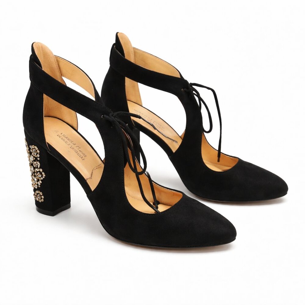 American Glamour  beaded chunky heels suede black shoes Size: 8